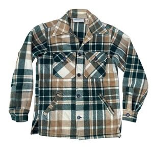 Vintage LL Bean Wool‎ Blend Flannel Plaid Shirt Jacket Mens Small Green Tan